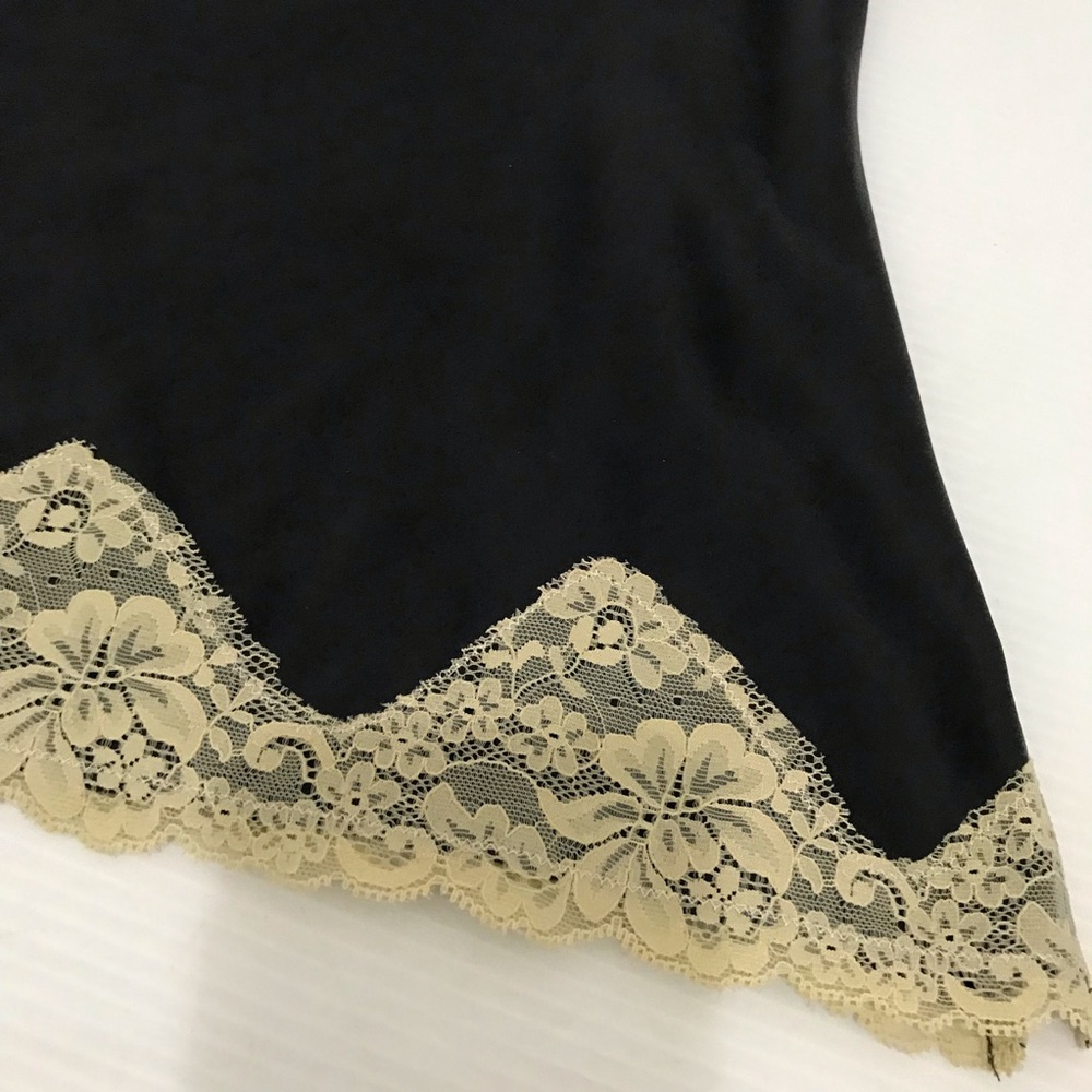 Silk Express Design Studio black satin spaghetti strap tank top beige lace L - Picture 6 of 7
